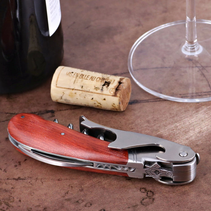 Laguiole Magnum Corkscrew Deco Freemason - Rosewood, close-up of rosewood handle and silver Freemason emblem.