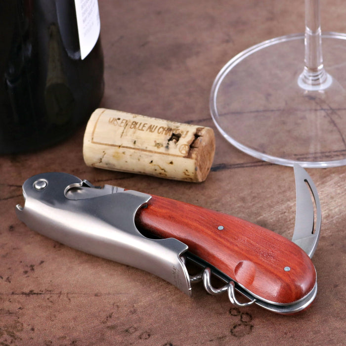 Laguiole Magnum Corkscrew Deco Freemason - Rosewood, close-up of rosewood handle and stainless steel tools.