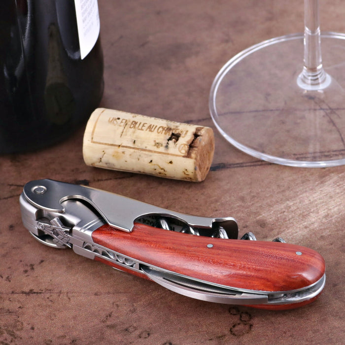 Laguiole Magnum Corkscrew Deco Freemason - Rosewood, close-up of rosewood handle and stainless steel tools.
