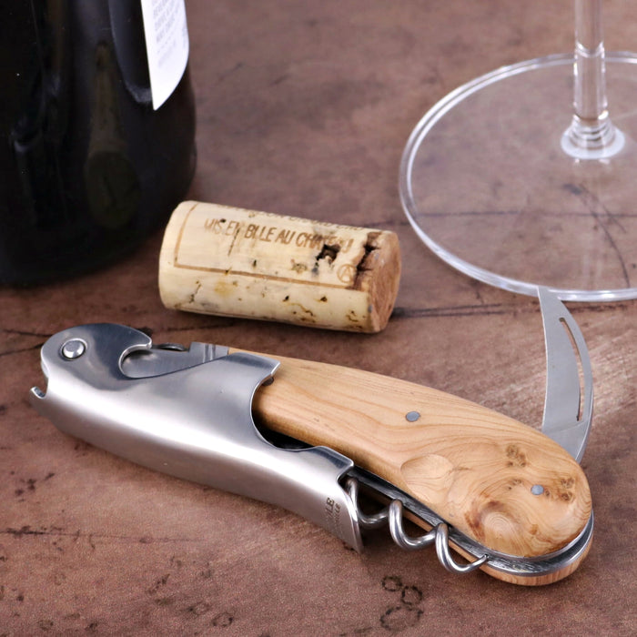 Laguiole Magnum Juniper Corkscrew, close-up of natural wood handle, stainless steel body, and worm.