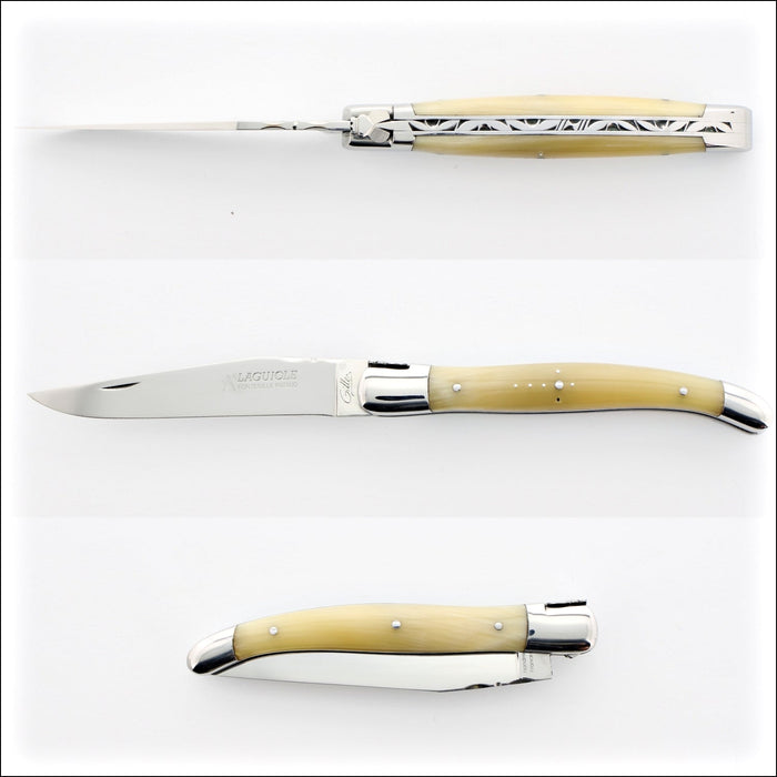 Laguiole Traditional 12 cm Knife Light Horn Tip, side view, open and closed. Handcrafted details, 100% Made in France.