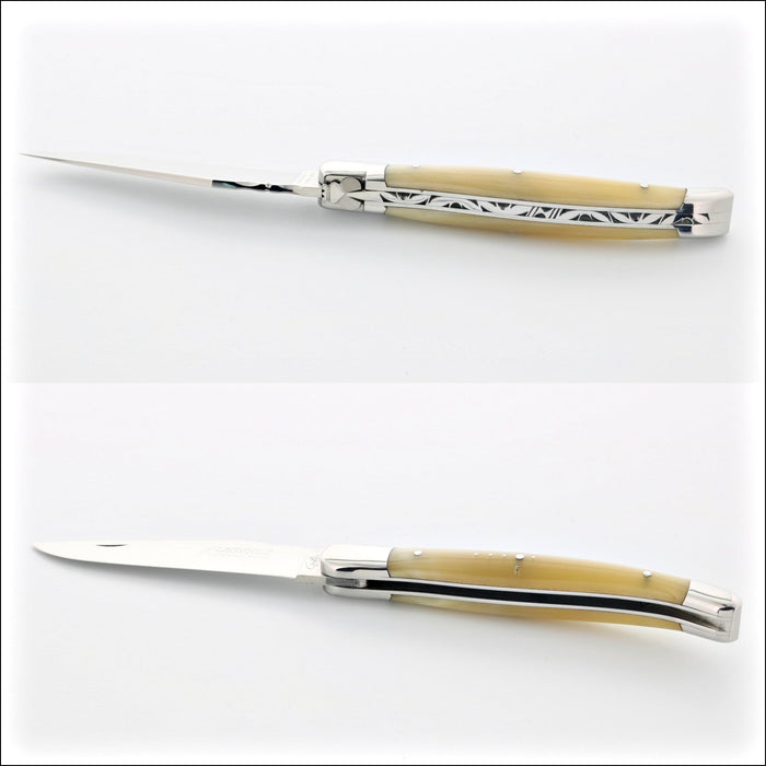 Laguiole Traditional 12 cm Knife Light Horn Tip, open and closed side view. Handcrafted details, 100% Made in France.