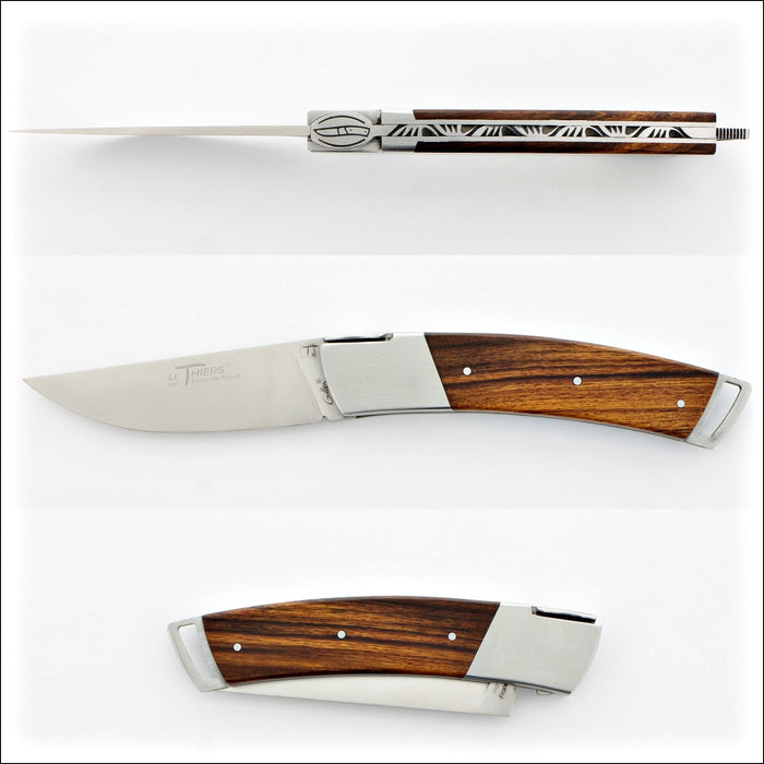 Le Thiers Gentleman 12 cm Pocket Knife Desert Ironwood, side view of open blade and closed handle. Handcrafted details, 100% Made in France.