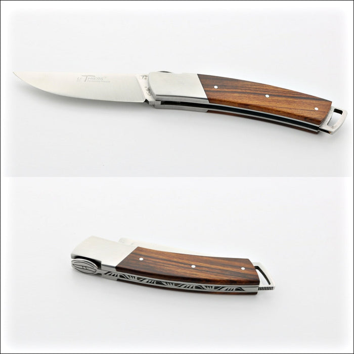 Le Thiers Gentleman 12 cm Pocket Knife Desert Ironwood. Top-down and folded side views. Handcrafted details, 100% Made in France.