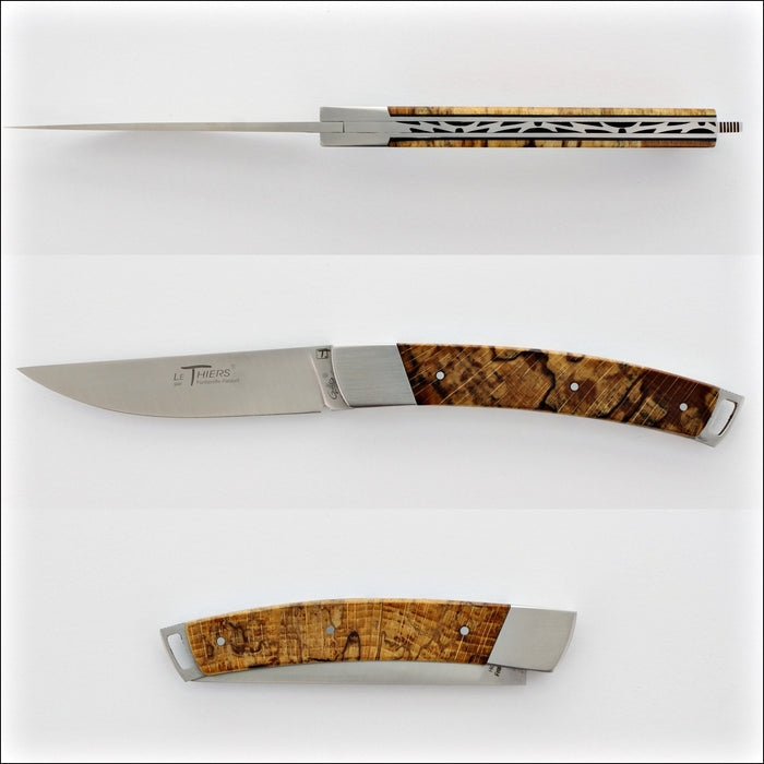 Le Thiers® Nature 11 cm Pocket Knife Burled Beech End Grain. Top-down view of the open knife, showing the blade and handle. Handcrafted details, 100% Made in France.