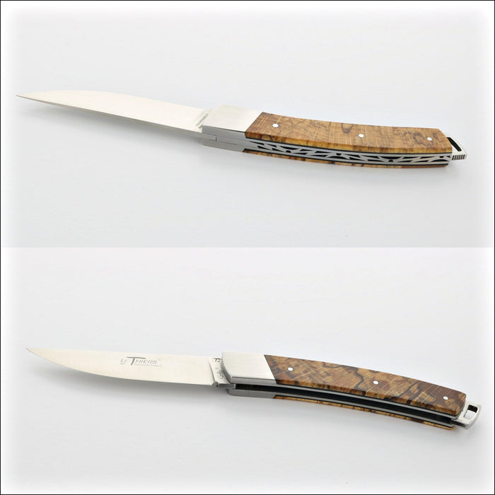 Le Thiers® Nature 11 cm Pocket Knife Burled Beech End Grain, top and side views. Handcrafted details, 100% Made in France.
