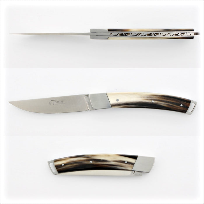 Le Thiers® Nature 11 cm Pocket Knife Flamed Horn Tip. Top-down, side, and closed views. Handcrafted details, 100% Made in France.