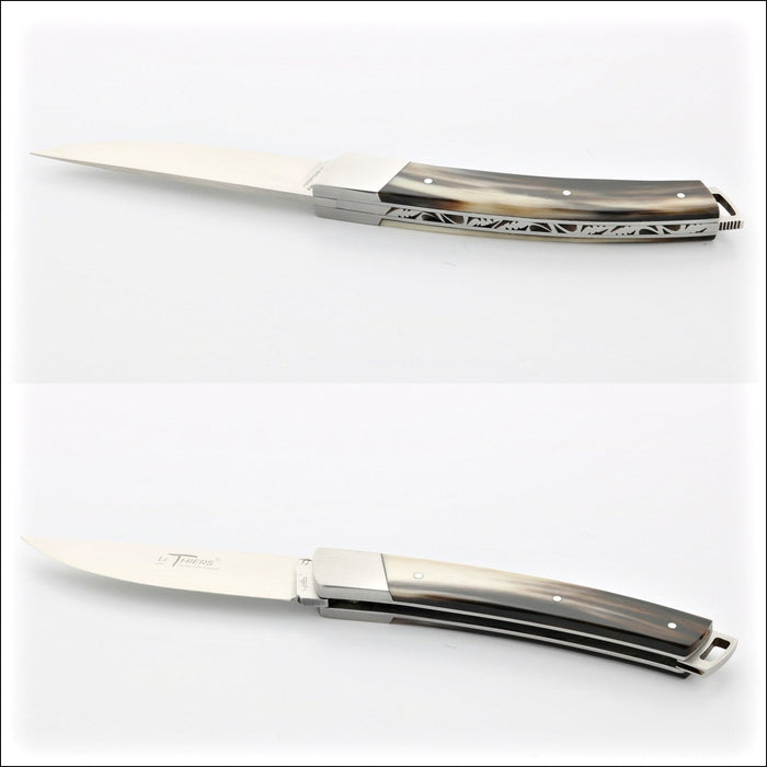 Le Thiers® Nature 11 cm Pocket Knife Flamed Horn Tip, close-up of the handle with intricate details. Handcrafted details, 100% Made in France.