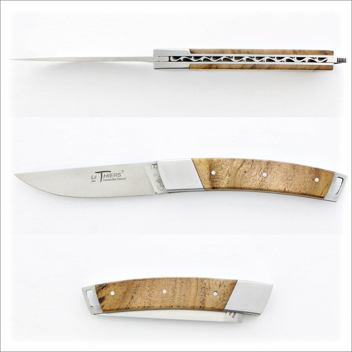 Le Thiers® Pocket Teak Handle, side view of open knife with intricate spine, and closed. Handcrafted details, 100% Made in France.