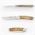 Le Thiers® Pocket Teak Handle, side view of open knife with intricate spine, and closed. Handcrafted details, 100% Made in France.