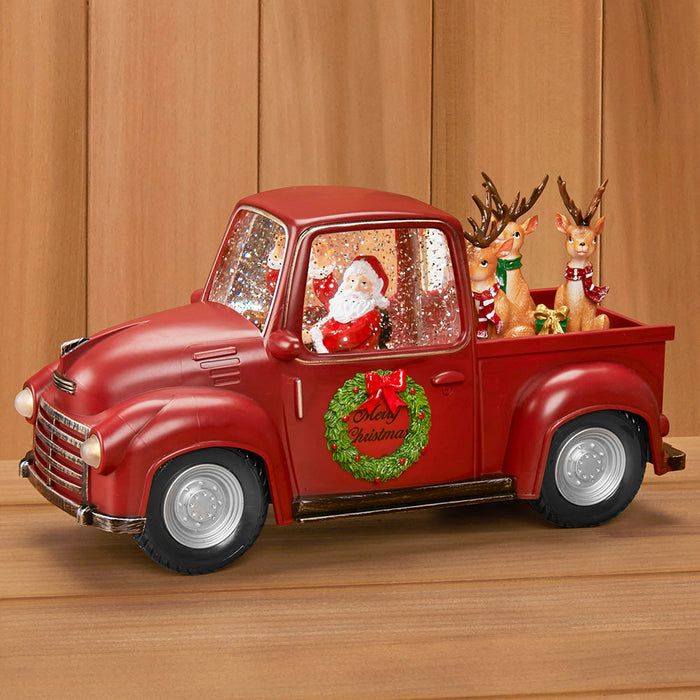 LED Swirl Santa with Reindeer Truck Snow Globe