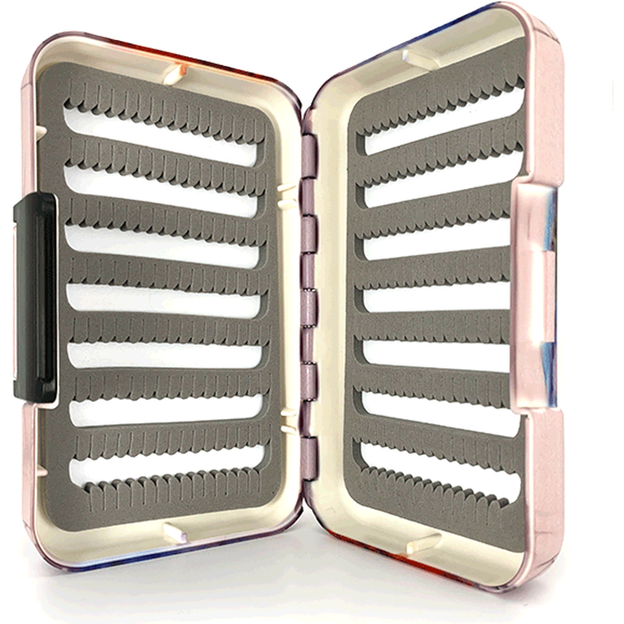 Open MFC double-sided poly fly box with beige interior and grey foam inserts