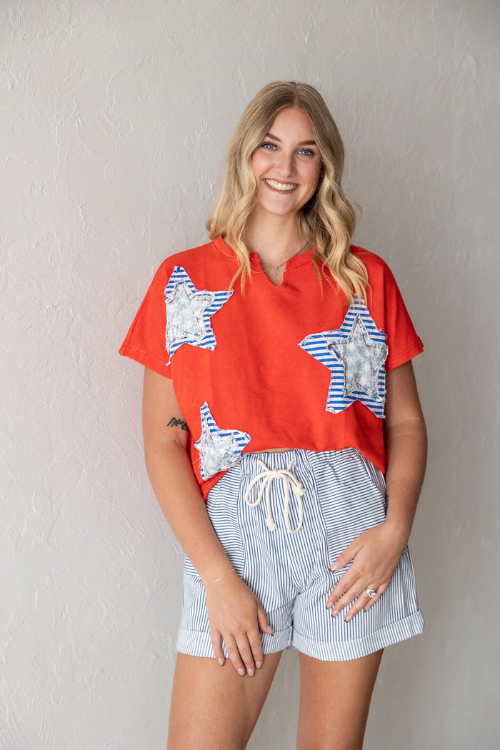 Mineral Washed Star Patch Knit Top Red