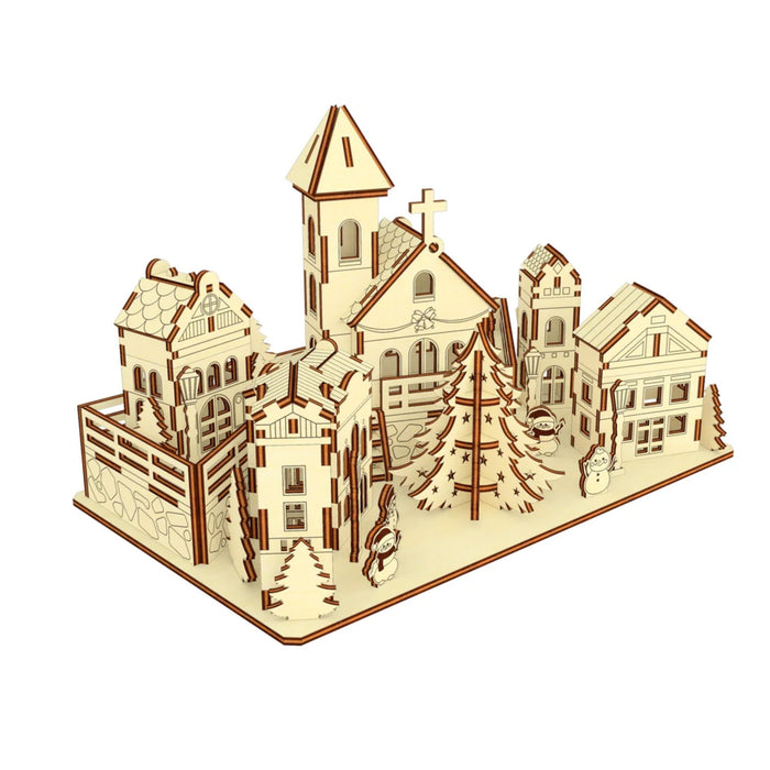 Miniature Christmas Town with Box Houses, a Church and a Christmas Tree