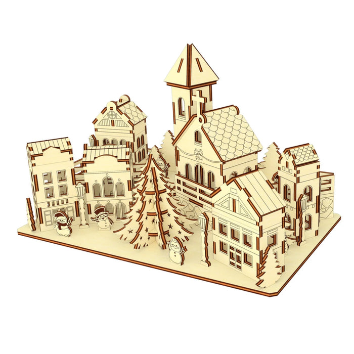 Miniature Christmas Town with Box Houses, a Church and a Christmas Tree