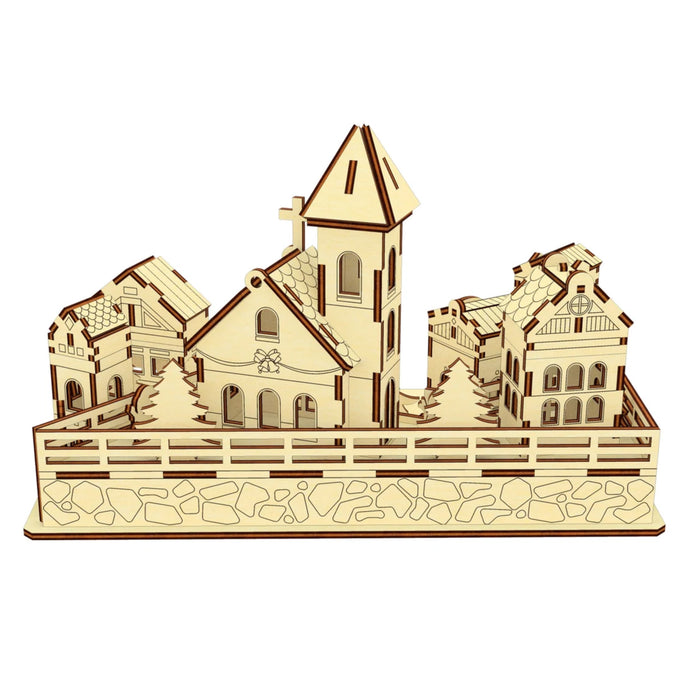 Miniature Christmas Town with Box Houses, a Church and a Christmas Tree