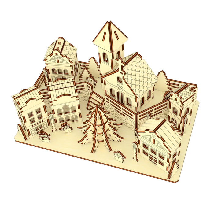 Miniature Christmas Town with Box Houses, a Church and a Christmas Tree