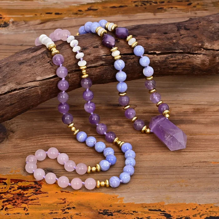 Natural Agate, Rose Quartz & Amethyst Crystal Pillar Necklace