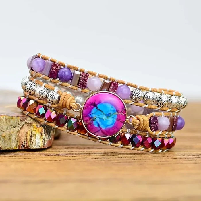 Natural Kunzite, Amethyst & Purple Jasper Leather Wrap Bracelet