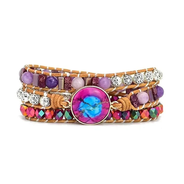Natural Kunzite, Amethyst & Purple Jasper Leather Wrap Bracelet