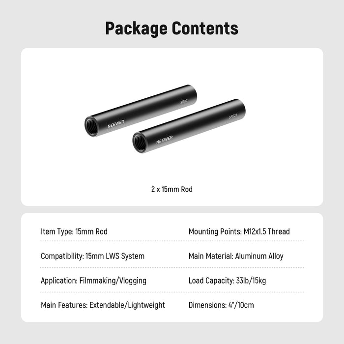 NEEWER 2 Pack Aluminum Alloy Extendable 15mm Rod