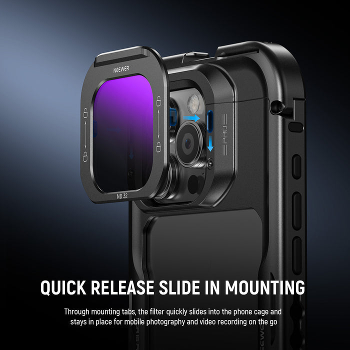 Filters quickly slide into the phone cage and stay in place during shooting