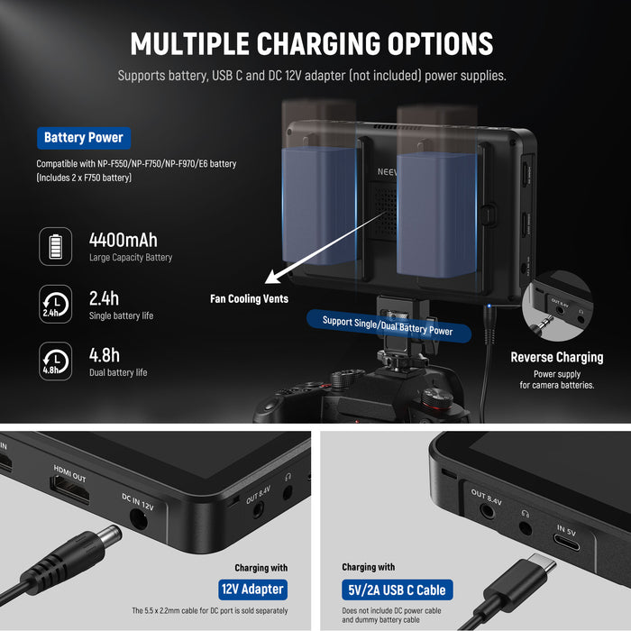 NEEWER F700 Touch Screen Field Monitor features multiple charging options.