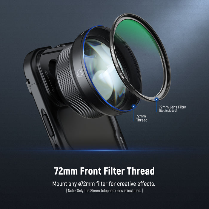Features a front M72 x 0.75 threaded front interface to attach phone lens filters