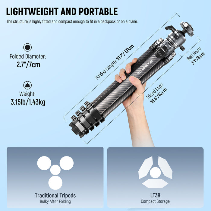 NEEWER LITETRIP LT38 Carbon Fiber Tripod is lightweigth and portable.