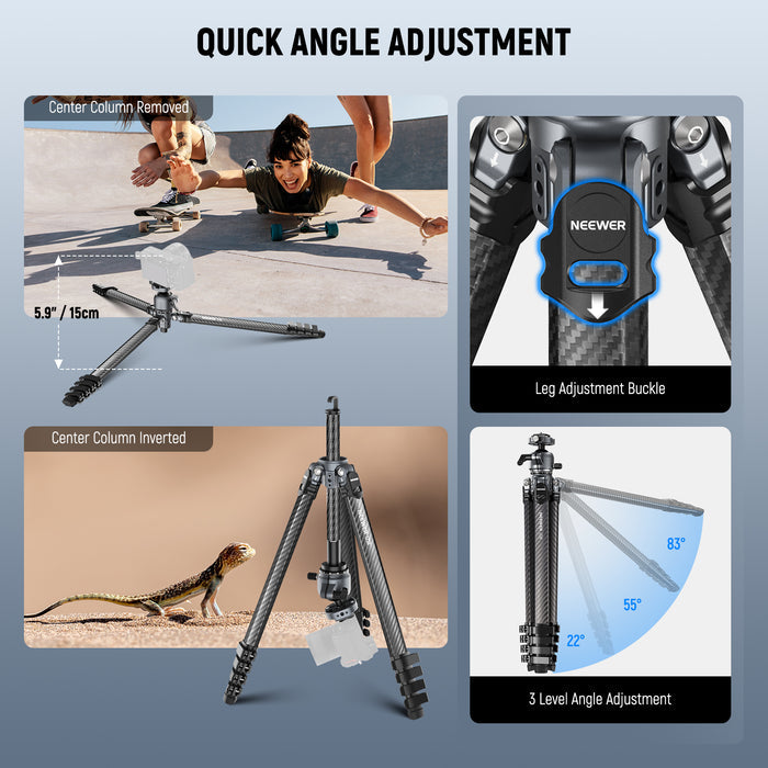 NEEWER LITETRIP LT38 Carbon Fiber Tripod allows for quick angle adjustment.
