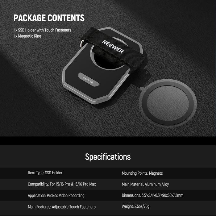 Specifications of the NEEWER PA040 Magnetic SSD Holder with Touch Fastener