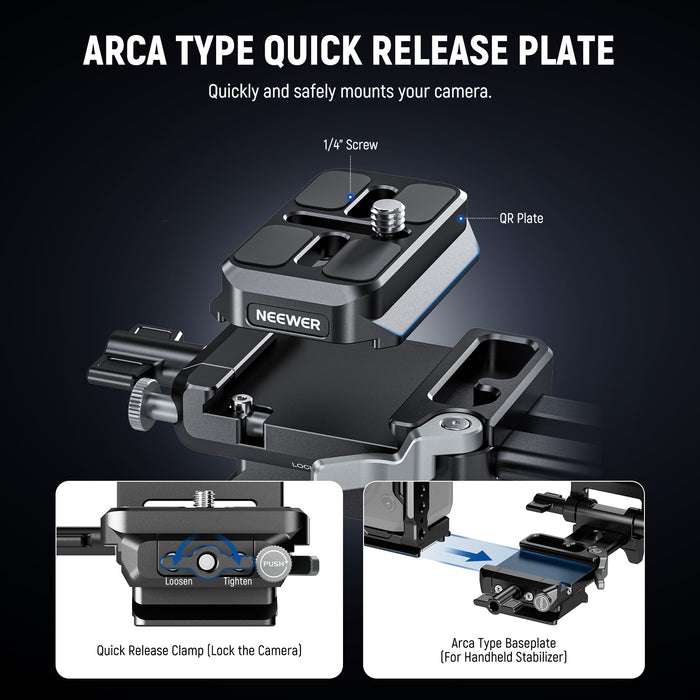 The battery plate features an Arca type QR plate with two 1/4" screws.