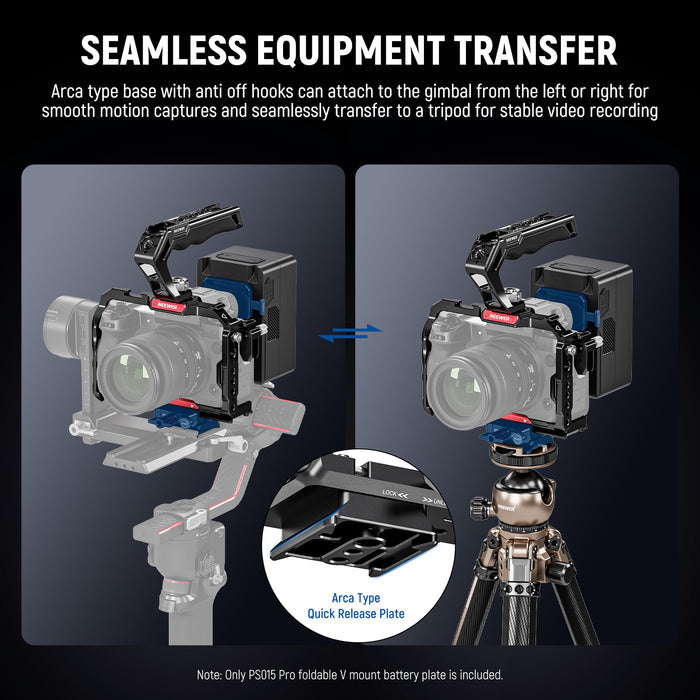 the Arca type base with anti off hooks can attach to the gimbal from the left or right