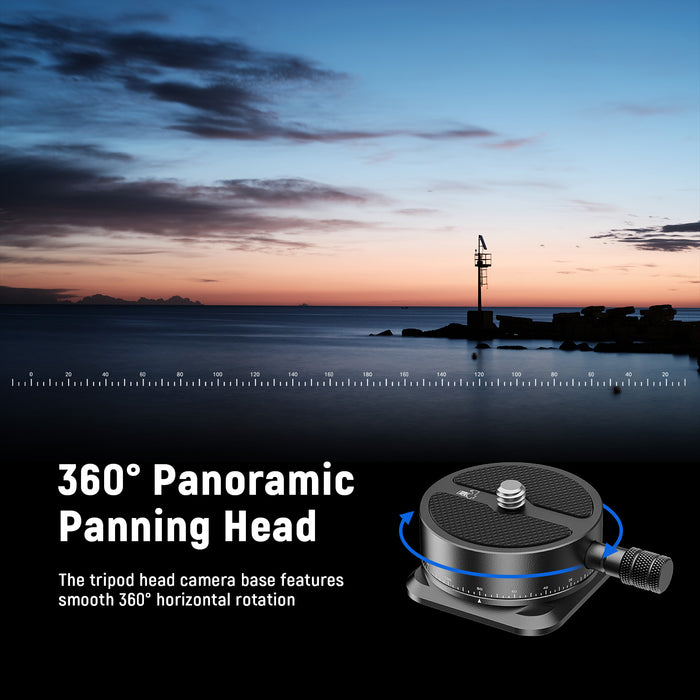 The tripod head camera base features smooth 360° horizontal rotation