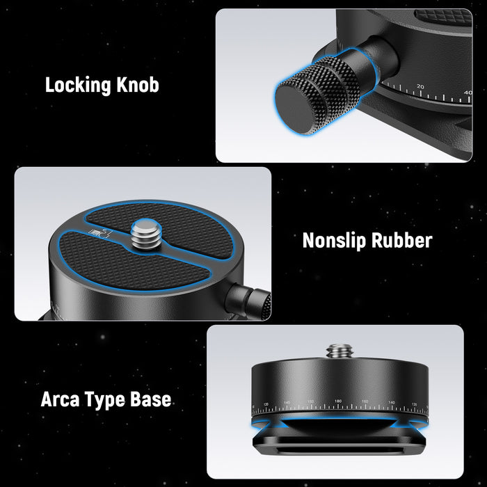 The tripod mount adapter comes with 360° scale markings and the built in bubble level
