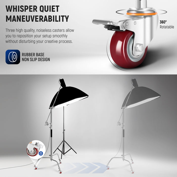 NEEWER SC186W Portable C Stand features 3 high-quality casters, allowing you to reposition your setup smoothly.