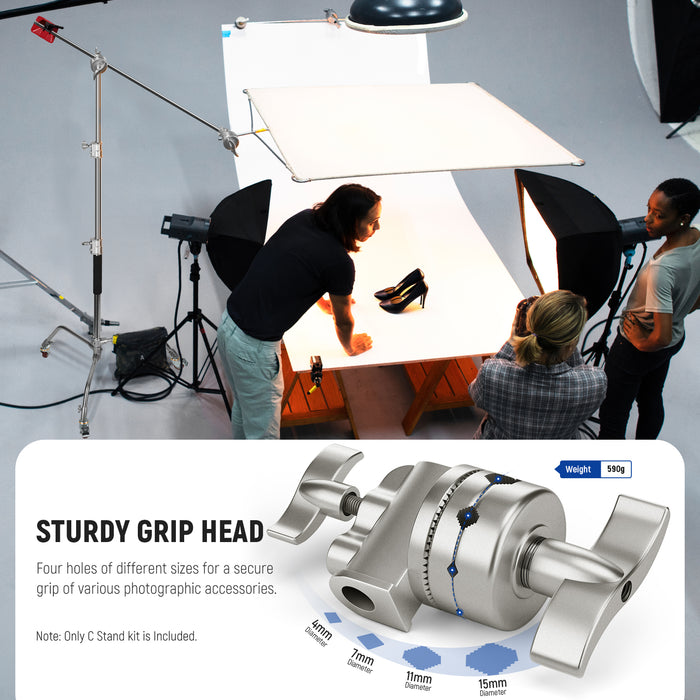 NEEWER SC186W Portable C Stand has two grip heads with 4 different sized holes