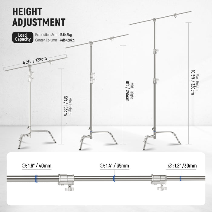 Height Adjustment Range of the NEEWER SC320Q Stainless Steel Heavy Duty C