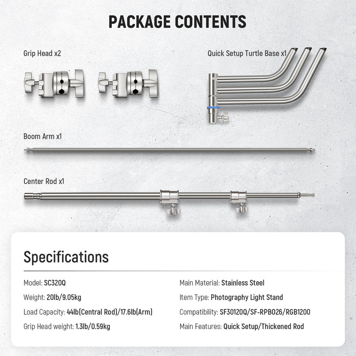 Package Contents of the NEEWER SC320Q Stainless Steel Heavy Duty C Stand