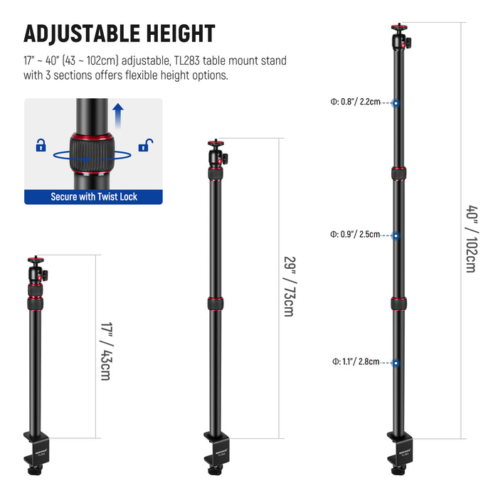 NEEWER TL283 Camera Table Mount with 3 sections offers flexible height options.