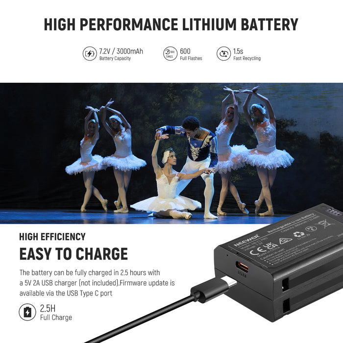 NEEWER Z2PRO-F Round Head Speedlite Flash features a high capacity lithium ion battery