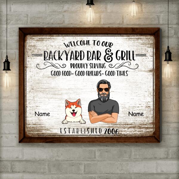 Pawzity Backyard Bar Sign, Welcome To Our Backyard Bar & Grill, Gifts For Pet Lovers, Personalized Dog & Cat Canvas