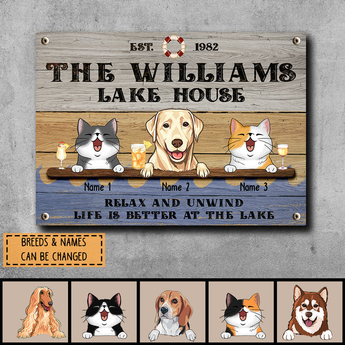 Pawzity Metal Lake House Sign, Gifts For Pet Lovers, Like Is Better At The Lake Personalized Family Sign