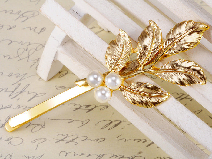 Pearl Embellished Single Leaf Branch Hair Pin