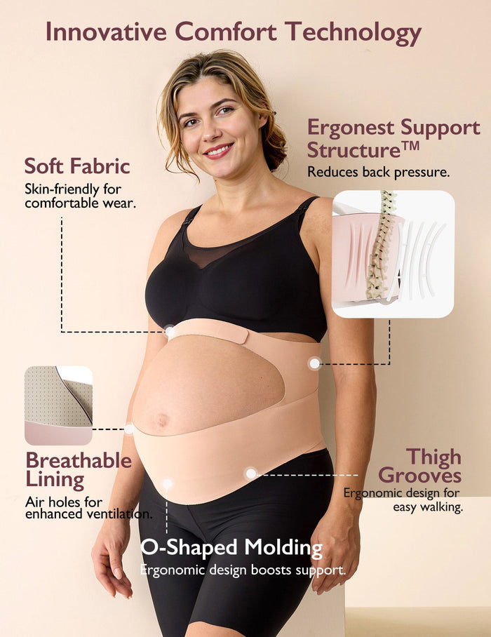 Pregnant woman in beige BumpEase maternity belly band featuring ergonomic support, soft fabric, and breathable lining.