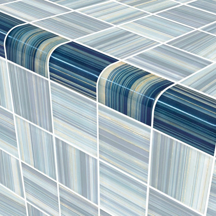 Resurgence Indigo Gold Trim in a glossy finish and metallic look for swimming pool, bathroom, shower walls, backsplash, Jacuzzi, and spa.