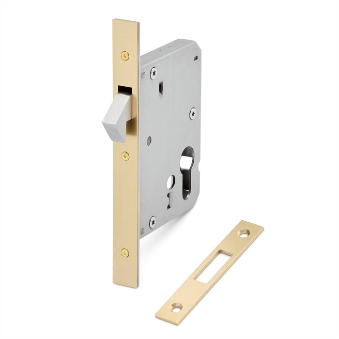 Satin Brass Euro Sliding Door Mortice Lock 316SSS (60mm Backset) - Manovella