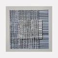 The artwork 'Sentence Structure String 2' by Anne Sherwood Pundyk features abstract black linear patterns arranged in vertical columns against a light background, creating a barcode-like geometric composition. The stark contrast and repetitive elements form a rhythmic visual pattern on archival inkjet print mounted on wood panel.