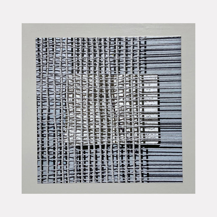 The artwork 'Sentence Structure String 2' by Anne Sherwood Pundyk features abstract black linear patterns arranged in vertical columns against a light background, creating a barcode-like geometric composition. The stark contrast and repetitive elements form a rhythmic visual pattern on archival inkjet print mounted on wood panel.