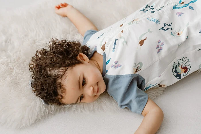 Short Sleeve Footed Sleep Bag 0.6 TOG (Bamboo Pima) - Splish Splash
